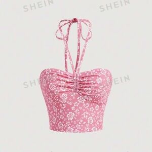 SHEIN MOD Allover Floral Print Ruched Halter Pink Summer Short Top